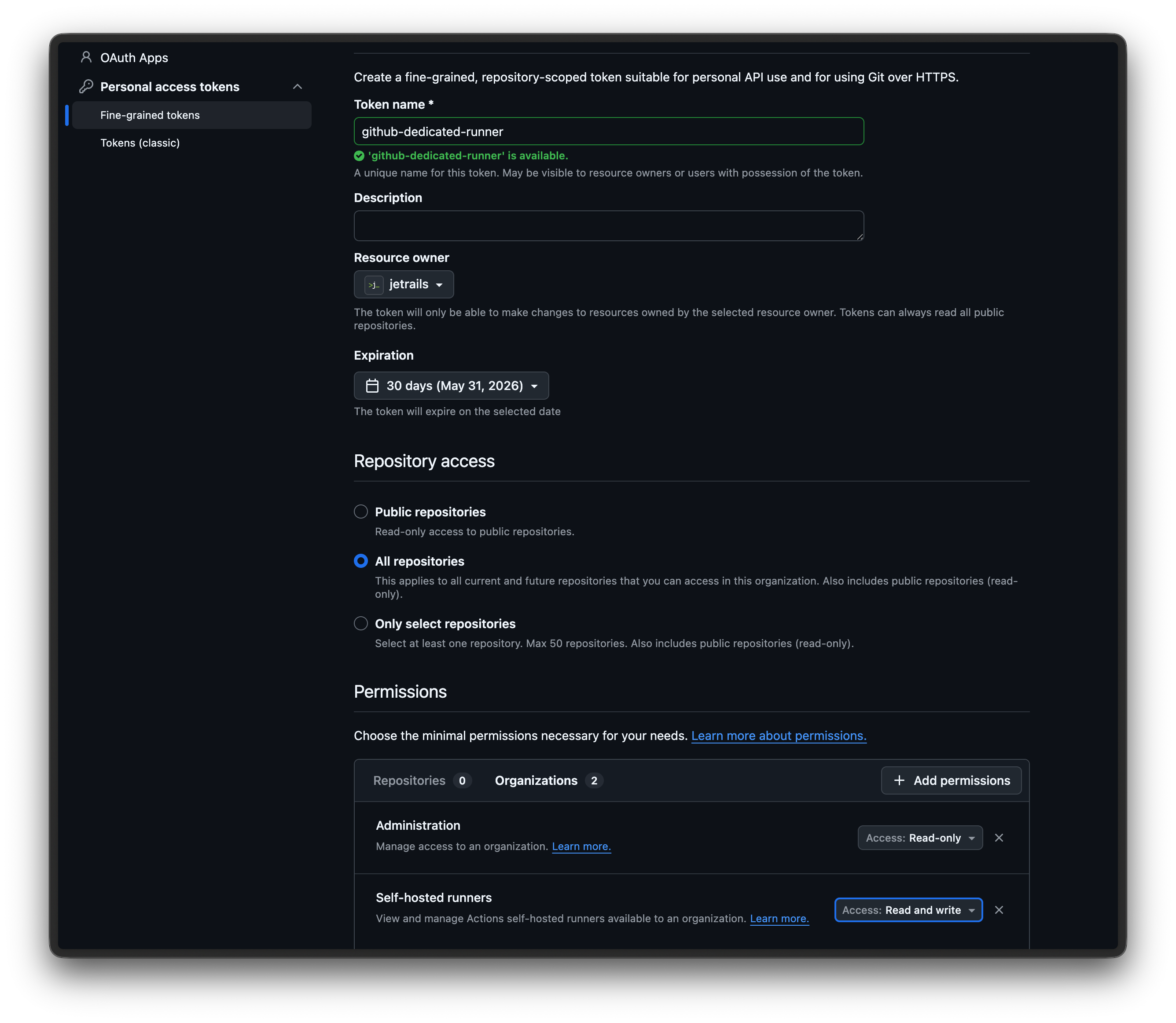 Generate a fine-grained GitHub PAT in GitHub Settings